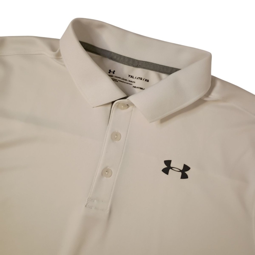 Under Armour Polo Shirt Youth Boys XL Loose Heat Gear White Short‎ Sleeve